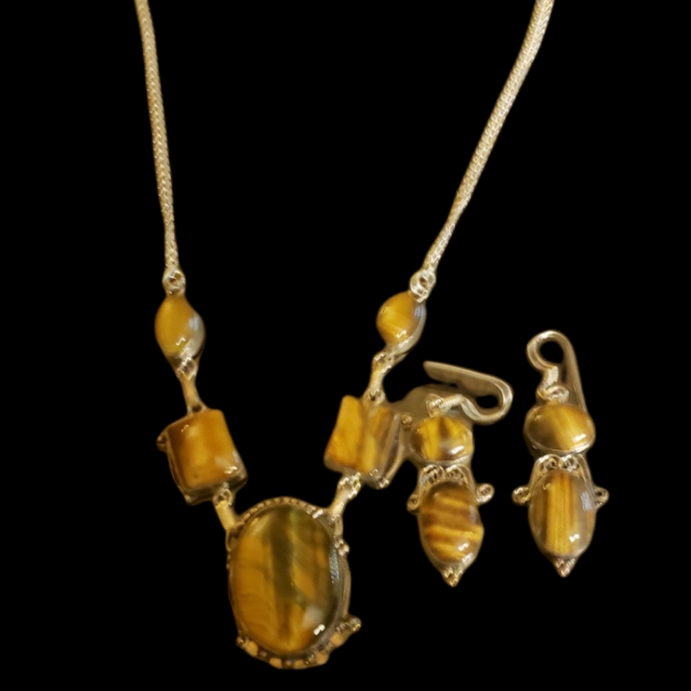 Vintage sterling silver Tigers eye set earrings and necklace